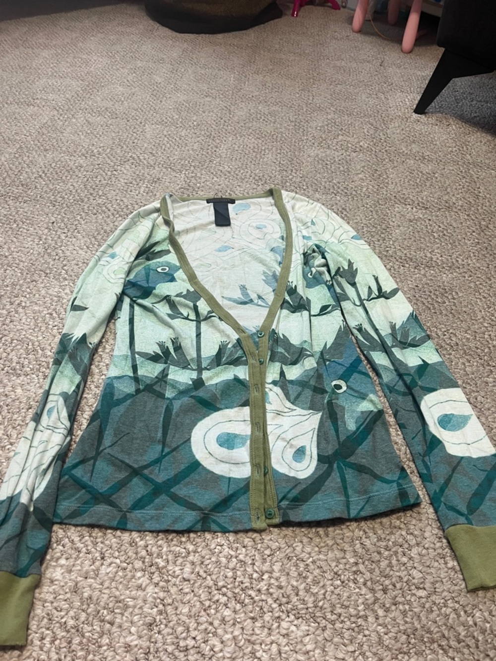 Button-Front Floral Print Long Sleeve Top in Teal and Olive
